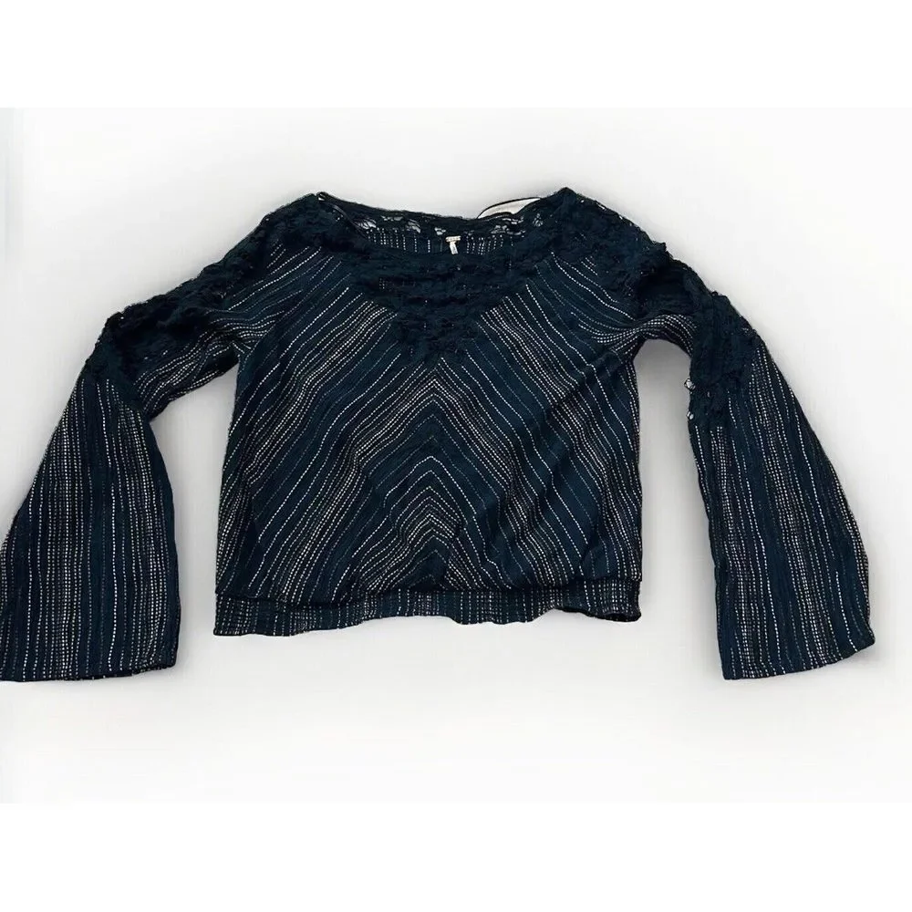 FREE PEOPLE Floating Memories Blouse Lace Panel Balloon Sleeves Size L Navy Blue